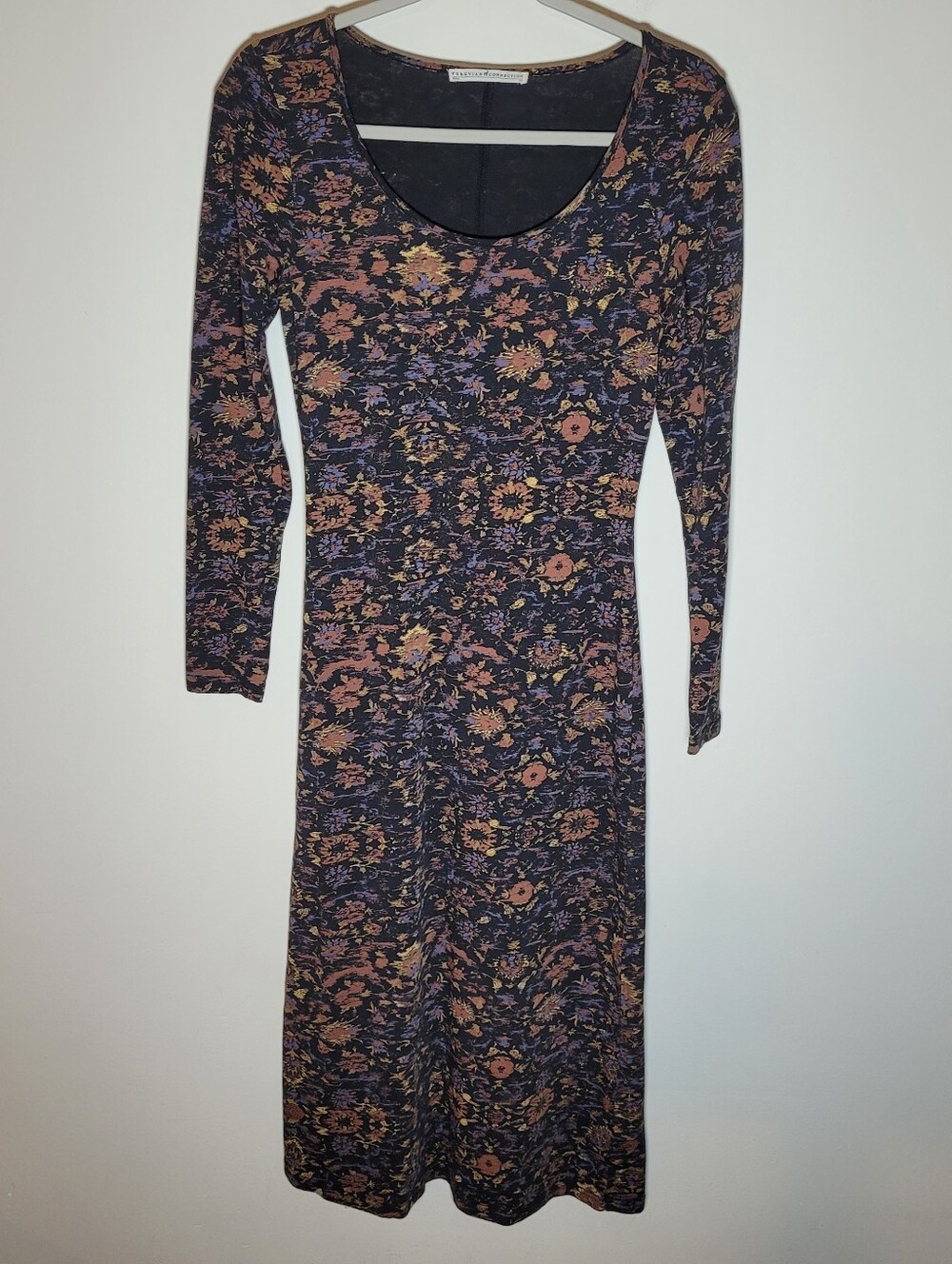 Peruvian Connection Maxi Dress XS  Floral Long-Sleeve Scoop Neck Boho Hippie